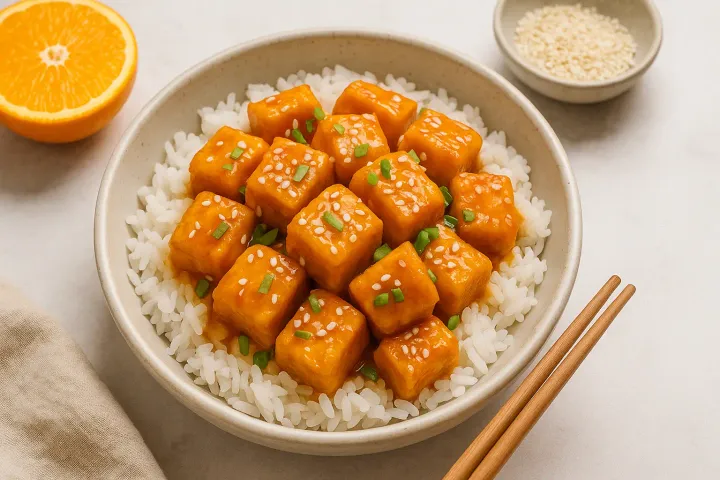 Vegan Orange Tofu served with rice.